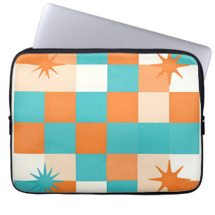 Retro Teal Orange Starburst Checkerboard Laptop Sleeve