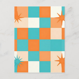 Retro Teal Orange Starburst Checkerboard Postcard