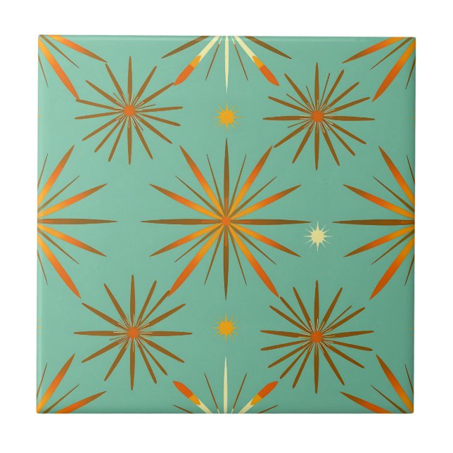 Retro Teal Orange Starburst Pattern Tile (Front)