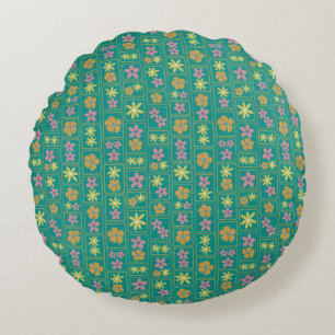 Retro Teal Patchwork Floral 16" Round Pillow