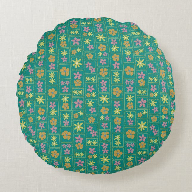 Retro Teal Patchwork Floral 16"  Round Pillow (Front)