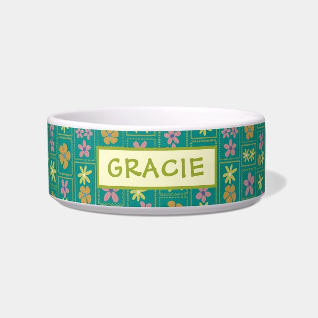 Retro Teal Patchwork Floral Custom Medium Dog Bowl (Front)