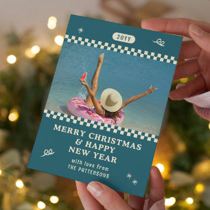 Retro Teal Personalized Christmas Photo Holiday Card