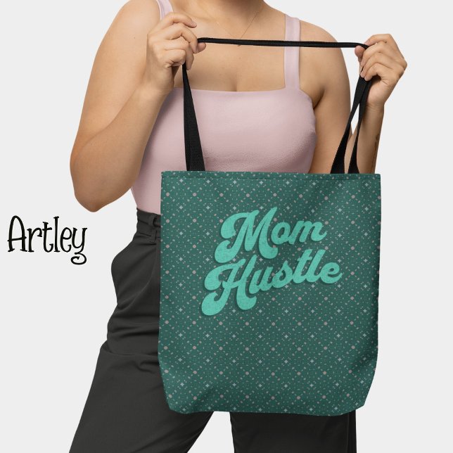 Retro Teal Pink floral pattern Mom Hustle  Tote Bag (Creator Uploaded)