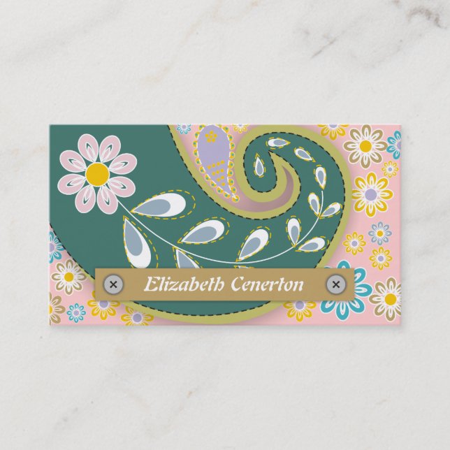 Retro teal, pink paisley motif business card (Front)