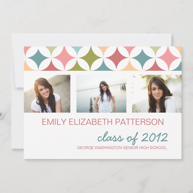 Retro Teal Pink Three Photo Graduation Invitation (Front)