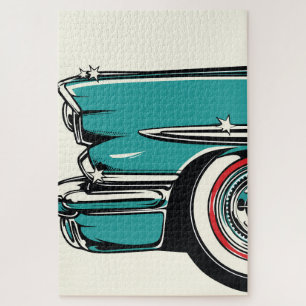 Retro Teal Sports Car Front Pop Art Illustration Jigsaw Puzzle