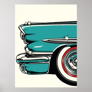 Retro Teal Sports Car Front Pop Art Illustration Poster