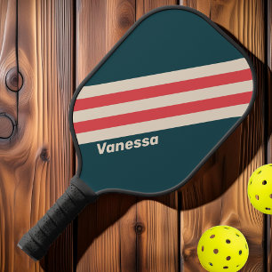 Retro Teal Vibe Stripes with Name Pickleball Paddle