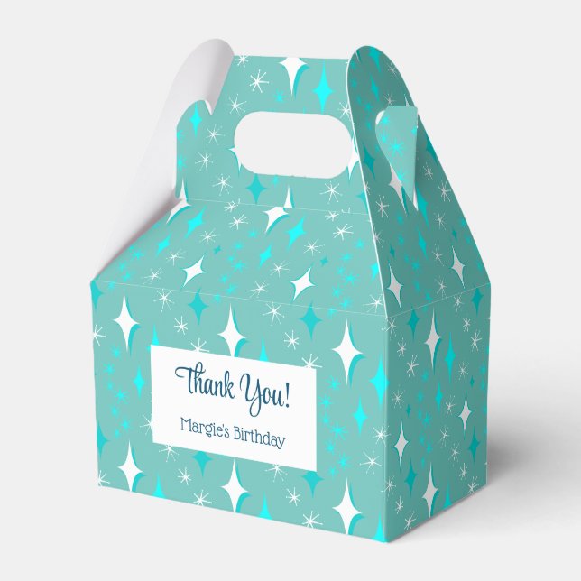 Retro Teal White Atomic Stars Editable Thank You Favor Box (Front Side)