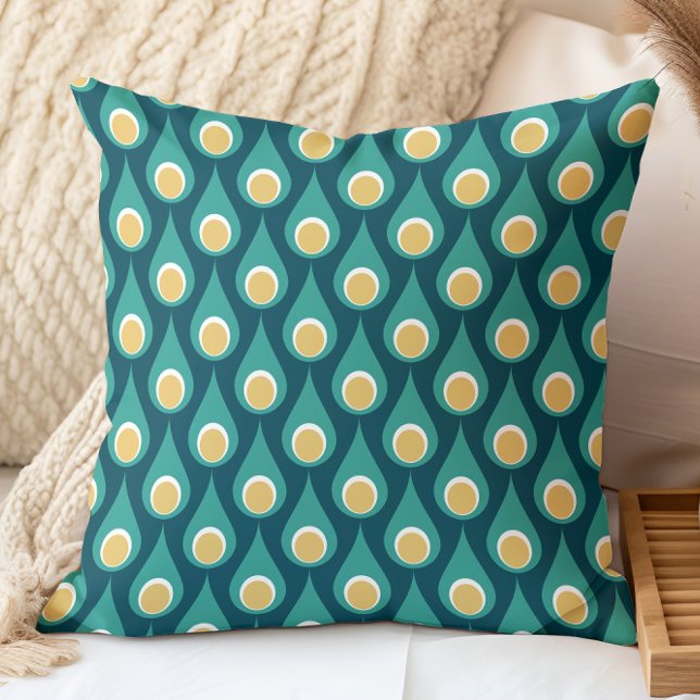 Retro Teal Yellow Geometric Drops Pattern Throw Pillow (Creator Uploaded)