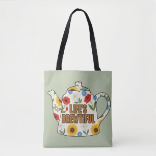 Retro teapot life's brewtiful design tote bag