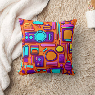 Retro Tech Pop: Nostalgic Gadget Collage Throw Pillow