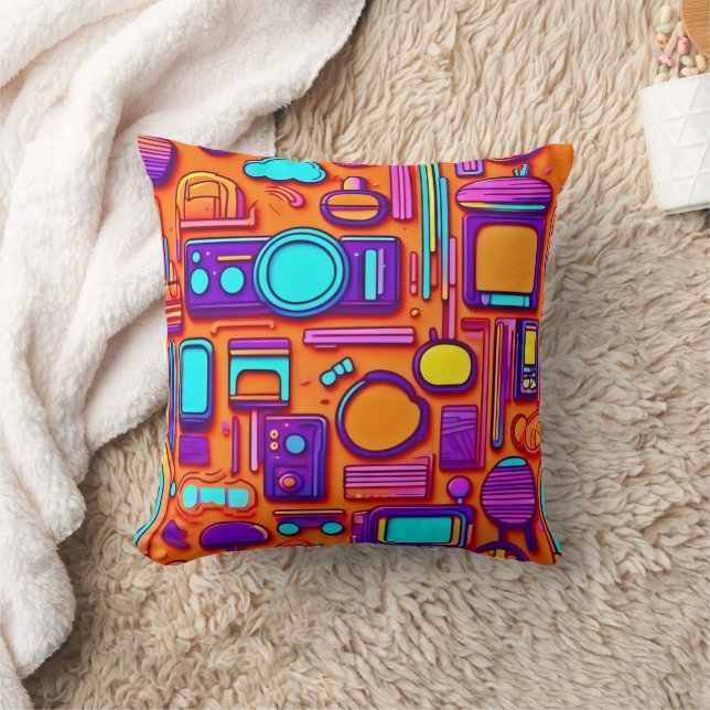 Retro Tech Pop: Nostalgic Gadget Collage Throw Pillow (Blanket)