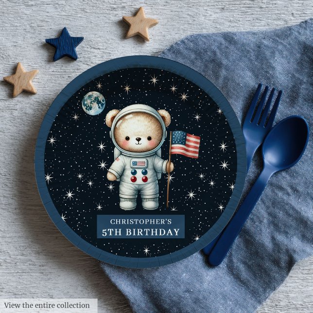 Retro Teddy Bear Astronaut First Birthday Party Paper Plate (Retro Teddy Bear Astronaut First Birthday Party Paper Plates )