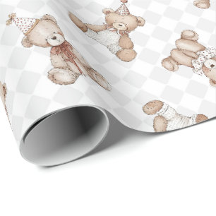 Retro Teddy Bear nostalgia Ruffle chequered  Wrapping Paper