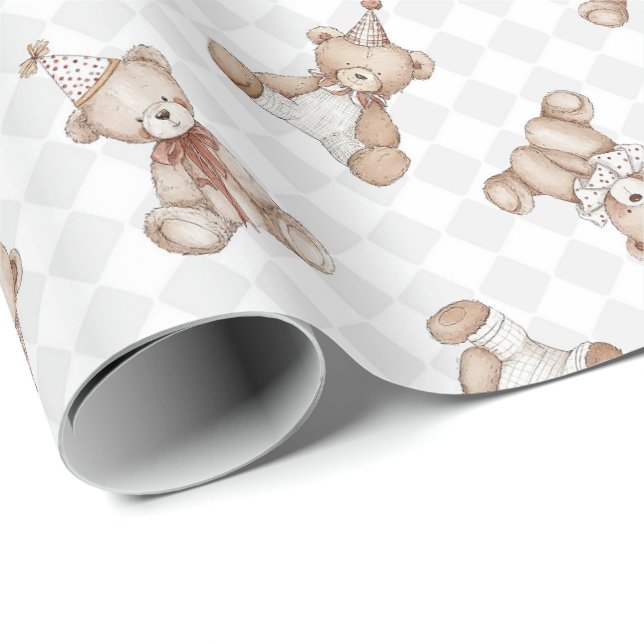 Retro Teddy Bear nostalgia Ruffle chequered  Wrapping Paper (Roll Corner)
