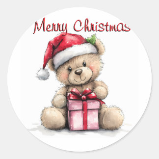 Retro Teddy Beer Merry Christmas Classic Round  Sticker