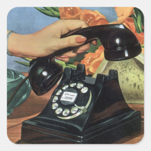 Retro Telephone with Rotary Dial, Vintage Business Square Sticker