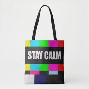 retro television test pattern with stay calm messa tote bag