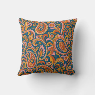 Retro Terracotta and Navy Blue Paisley Throw Pillo Pillow