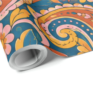 Retro Terracotta and Navy Blue Seamless Paisley Wr Wrapping Paper