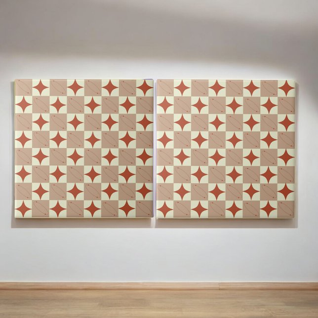 Retro Terracotta & Beige Starburst Chequered  Tile (Creator Uploaded)