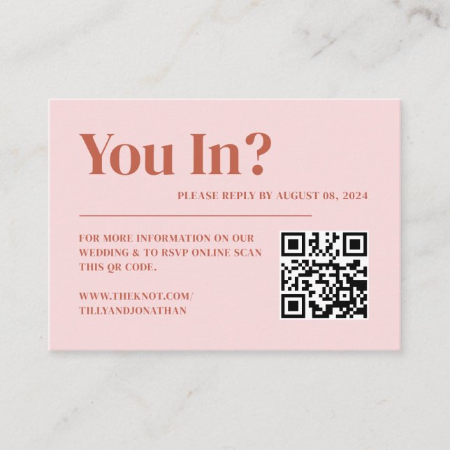 Retro Terracotta & Blush Wedding Website QR Code Enclosure Card (Front)