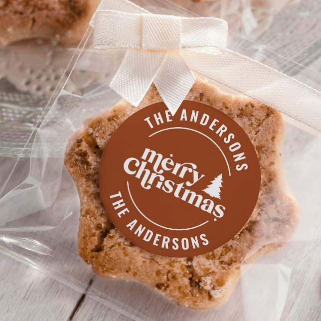 Retro Terracotta Christmas Modern Minimal Unique Classic Round Sticker (Creator Uploaded)