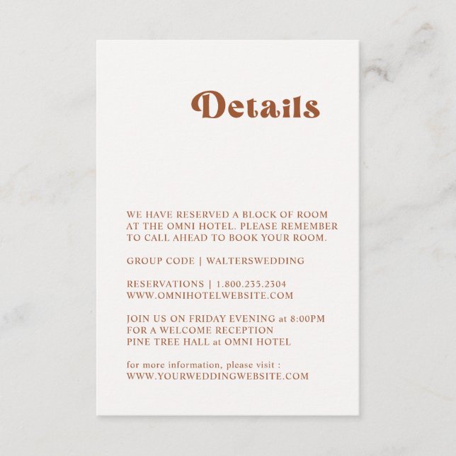 Retro Terracotta Détails du Mariage Carte de boîti (Devant)