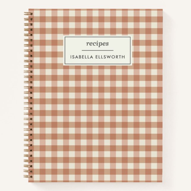 Retro Terracotta Gingham Plaid Custom Name Recipe  Notebook (Front)