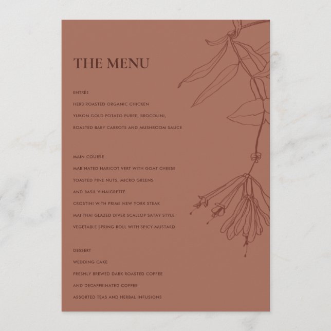 RETRO TERRACOTTA RED LINE DRAWING FLORAL MENU (Front)
