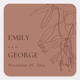RETRO TERRACOTTA RUST LINE DRAWING FLORAL WEDDING SQUARE STICKER