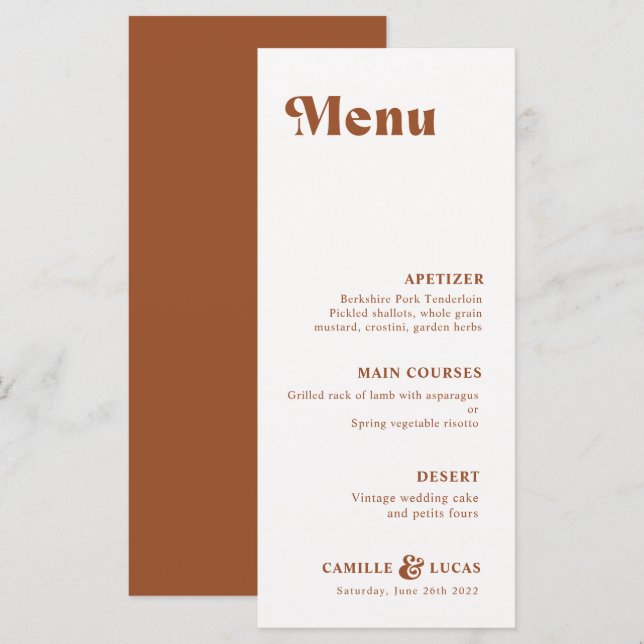 Retro Terracotta Rust Menu Mariage (Devant / Derrière)