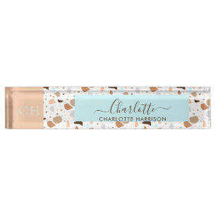 Retro Terrazzo Mosaic Earth Tones Patter Monogram Nameplate