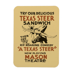 Retro Texas Steer Sandwich and theatre play ad Magnet
