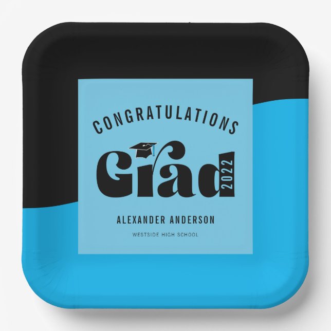 Retro Text Light Bright Blue and Black Graduation Paper Plate (Front)