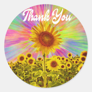 Retro Thank You Yellow Sunflower Rainbow Flower Classic Round Sticker