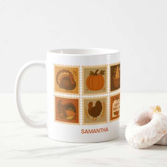 Retro Thanksgiving Stamp Collage Personalized Coffee Mug (With Donut)