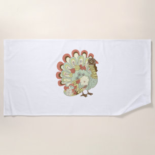Retro Thanksgiving Turkey  - Vintage Floral Beach Towel