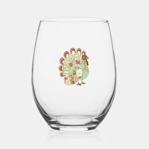 Retro Thanksgiving Turkey  - Vintage Floral Stemless Wine Glass
