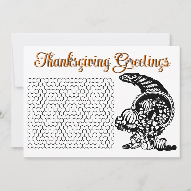 Retro Thanksgiving Wishes Maze and Horn of Plenty Holiday Card (Front)