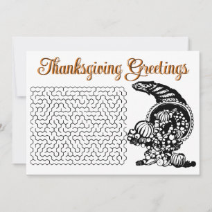 Retro Thanksgiving Wishes Maze and Horn of Plenty Holiday Card