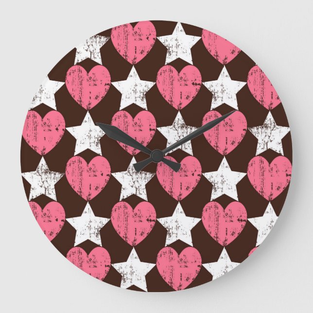 Retro Threadbare Hearts Stars Texture Large Clock (Front)