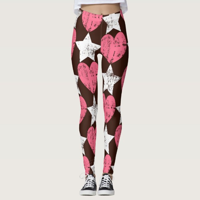 Retro Threadbare Hearts Stars Texture Leggings (Front)