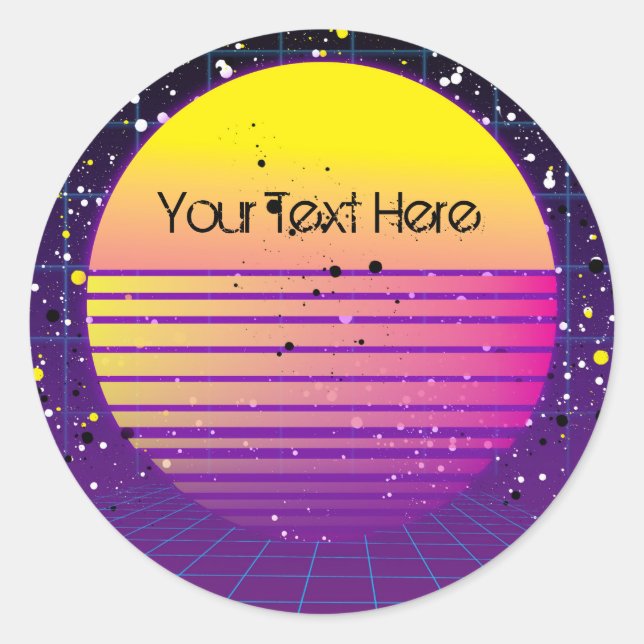 Retro Throwback to 80's Purple Yellow Sun Party Classic Round Sticker (Front)