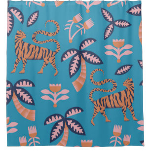 Retro tiger, palm tree, flower pattern