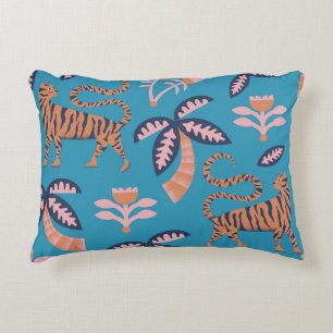 Retro tiger, palm tree, flower pattern accent pillow