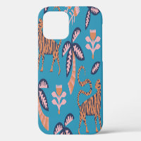 Retro tiger, palm tree, flower pattern