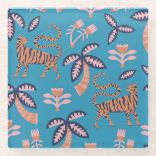 Retro tiger, palm tree, flower pattern glass coaster